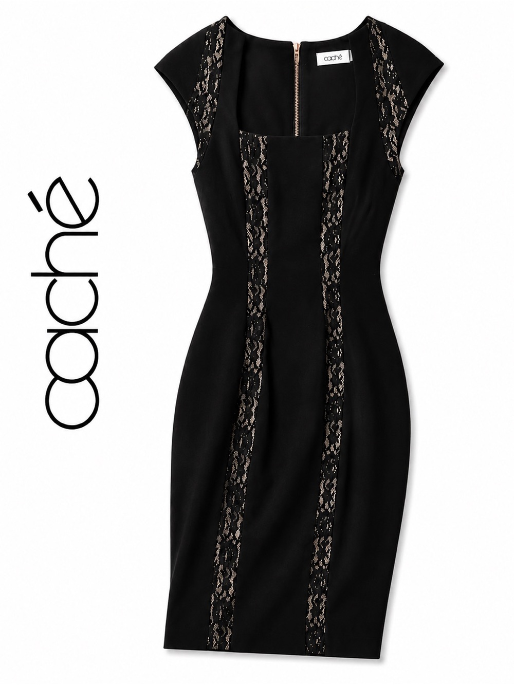 Cache Black Lace Panel Bodycon Dress NWT Size 0 Career Cocktail G